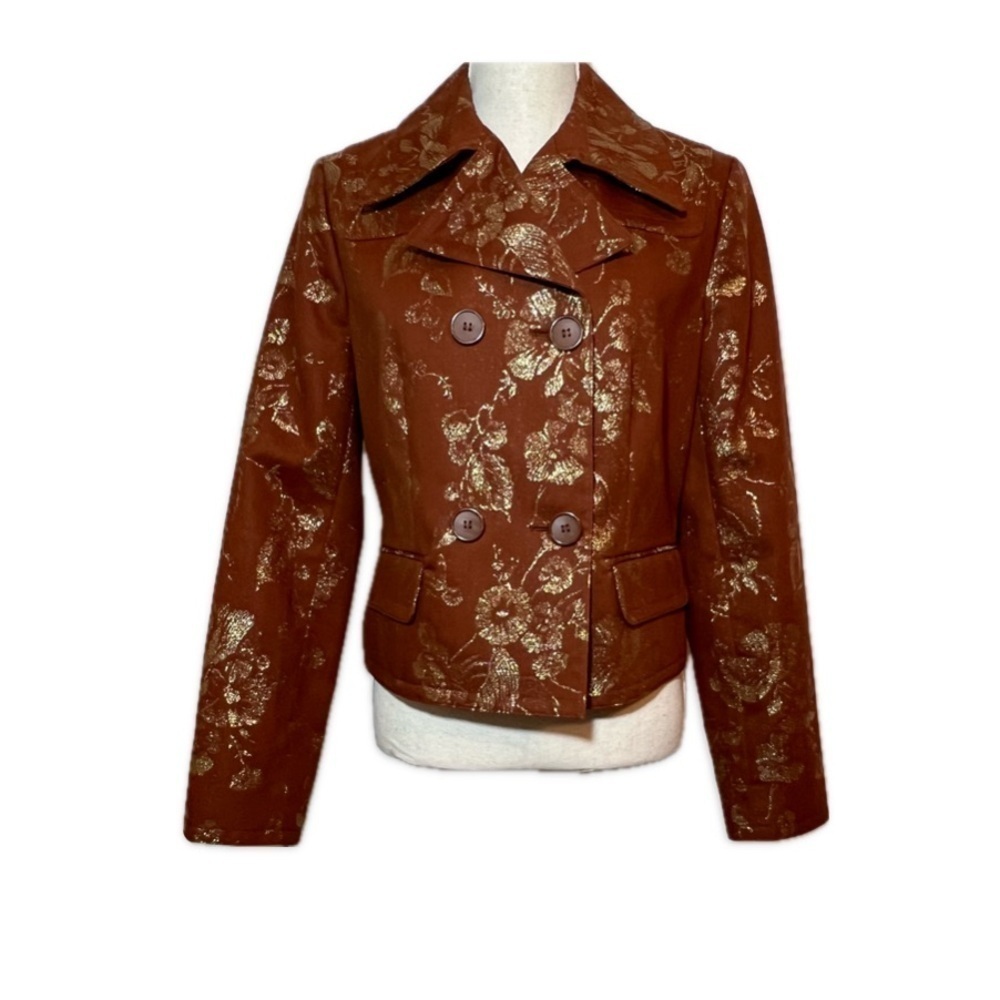 Apostrophe Double Breasted Crop Blazer Size 10 Rust Color with Gold Floral Print